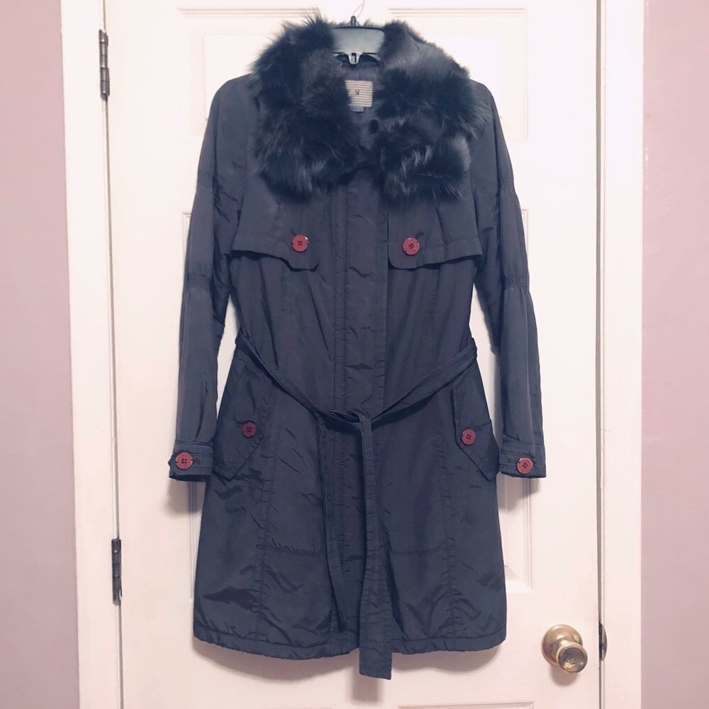 Belted Jacket Coat Si Genuine Fur Removable Collar Light Fall Winter Sz S Gray